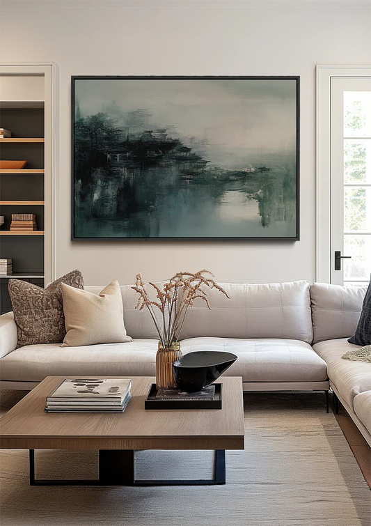 Mistig stadslandschap canvas schilderij aan de muur boven het bed in de slaapkamer
