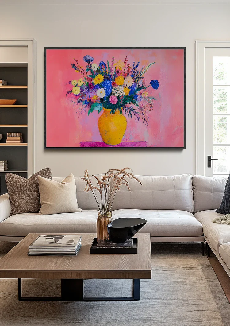 Bunter Blumenstrauß in Vase Rosa Hintergrund Fröhliches Gemälde