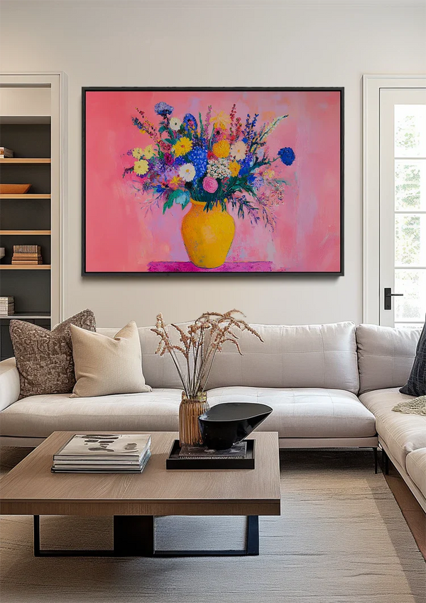 Bunter Blumenstrauß in Vase Rosa Hintergrund Fröhliches Gemälde