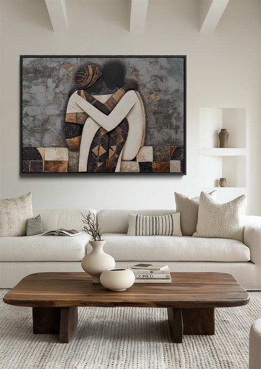 Twee figuren canvas schilderij aan de muur boven het bed in de slaapkamer