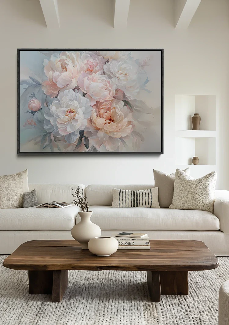 Soft White Peach Peonies Dreamy Floral Elegant Painting