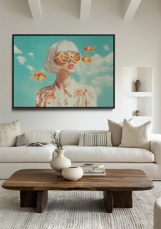 Frau mit Goldfischen Leinwandbild an der Wand über dem Bett im Schlafzimmer