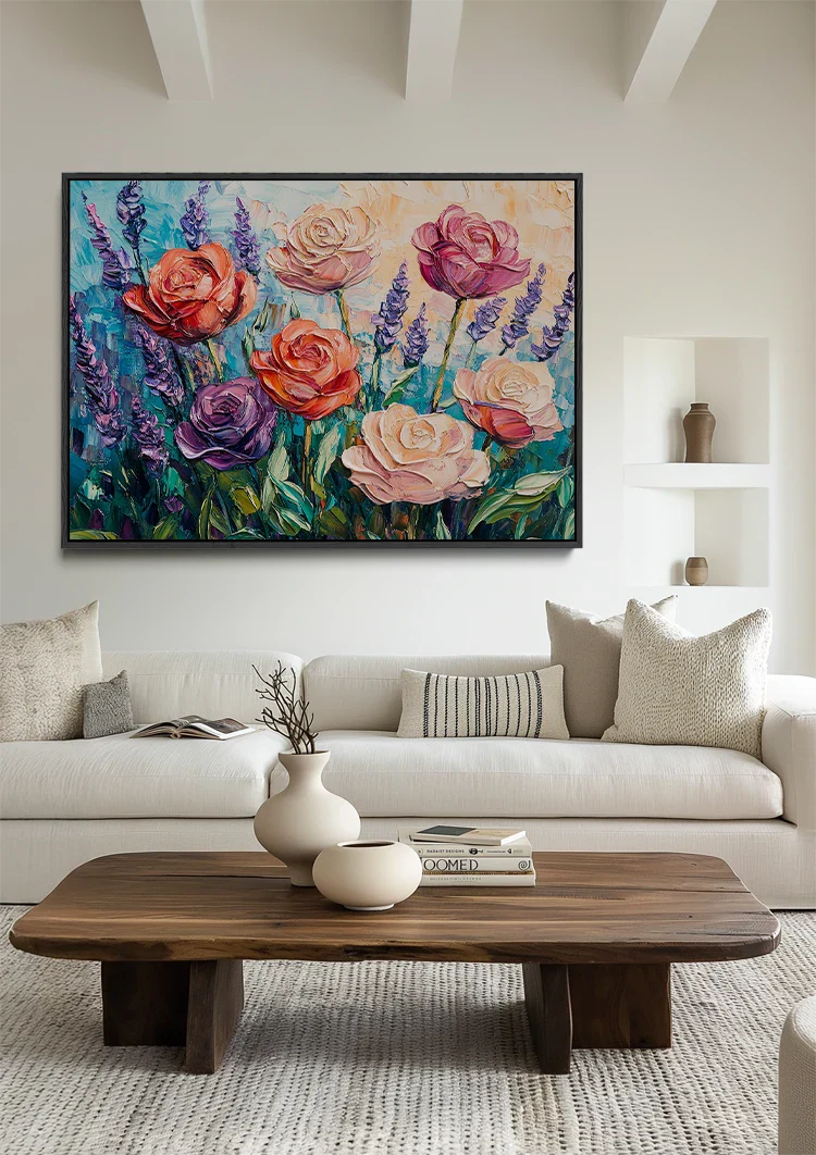 Kleurrijke Rozen en Lavendel Impressionistisch Bloementuin Schilderij