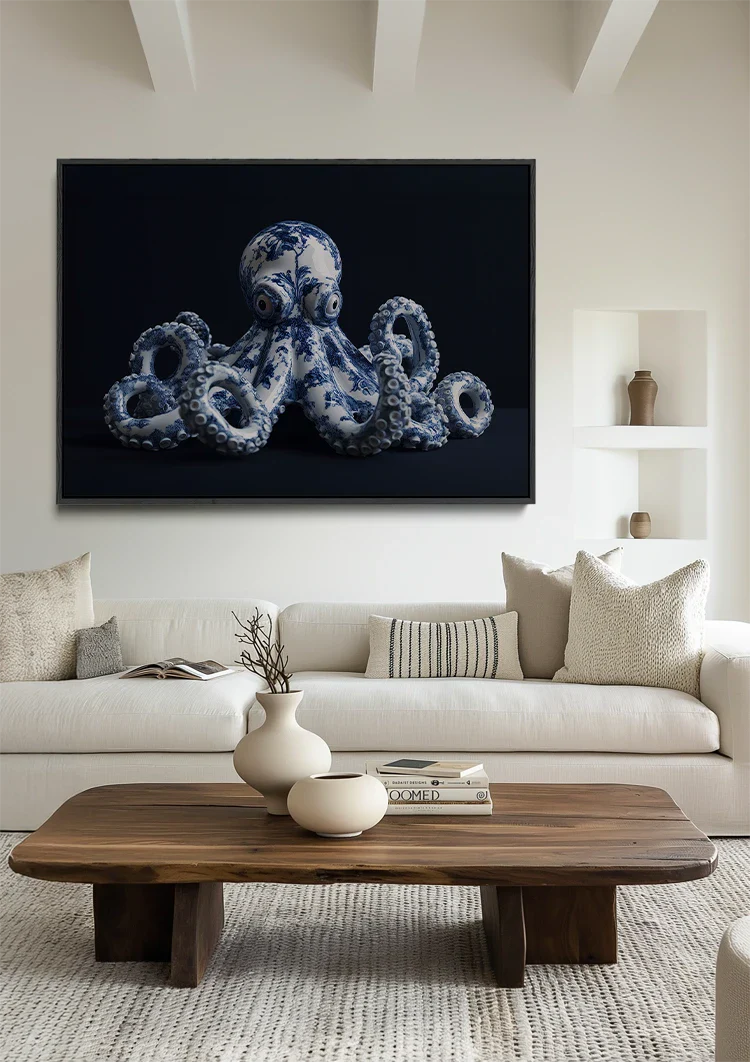 Delft-Blauer Oktopus auf schwarzem Hintergrund Gemälde