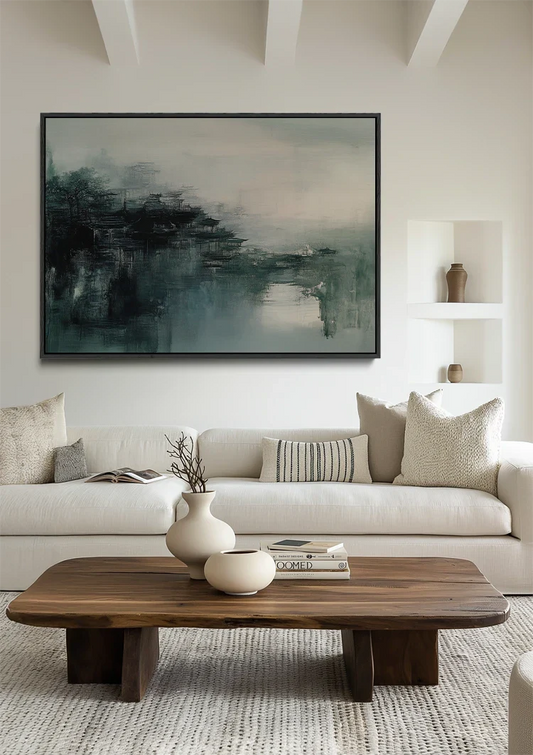 Mistig stadslandschap canvas schilderij aan de muur in de hal