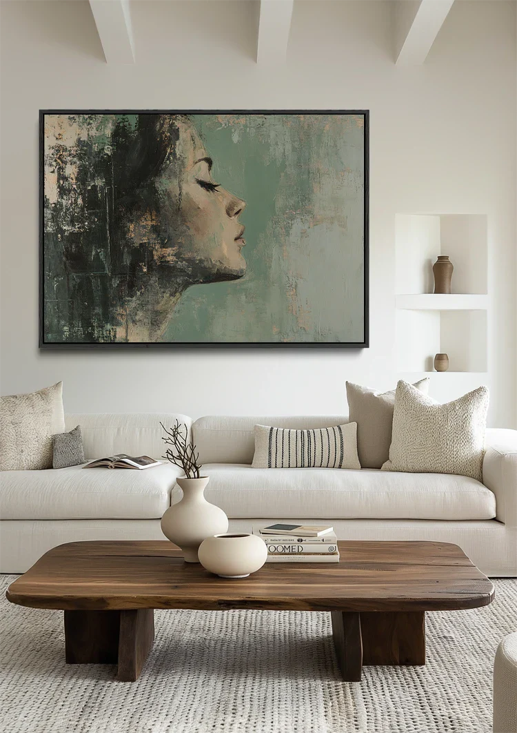 Female Profile Green Hues Abstract Dreamy Portrait Painting