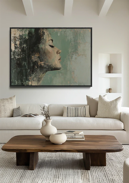 Female Profile Green Hues Abstract Dreamy Portrait Painting