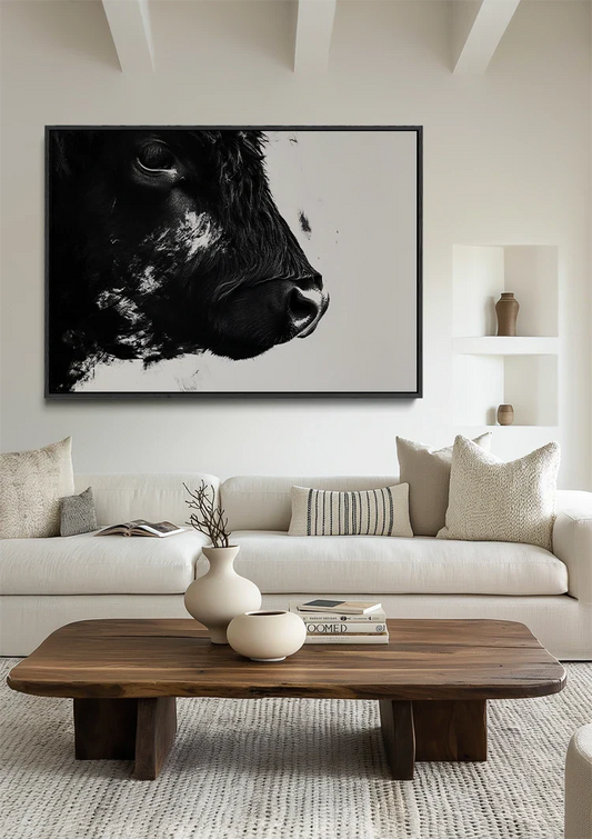 Zwarte koe canvas schilderij aan de muur boven het bed in de slaapkamer