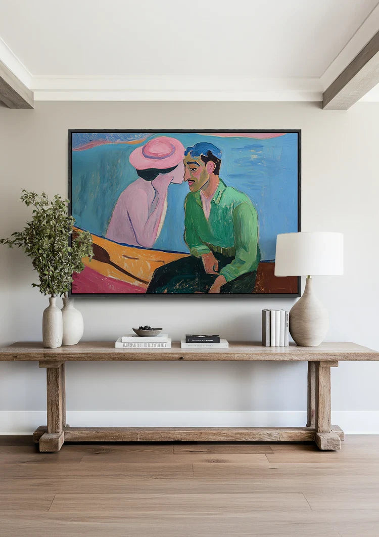 Woman Pink Hat Man Green Expressive Figurative Painting