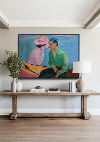 Woman Pink Hat Man Green Expressive Figurative Painting