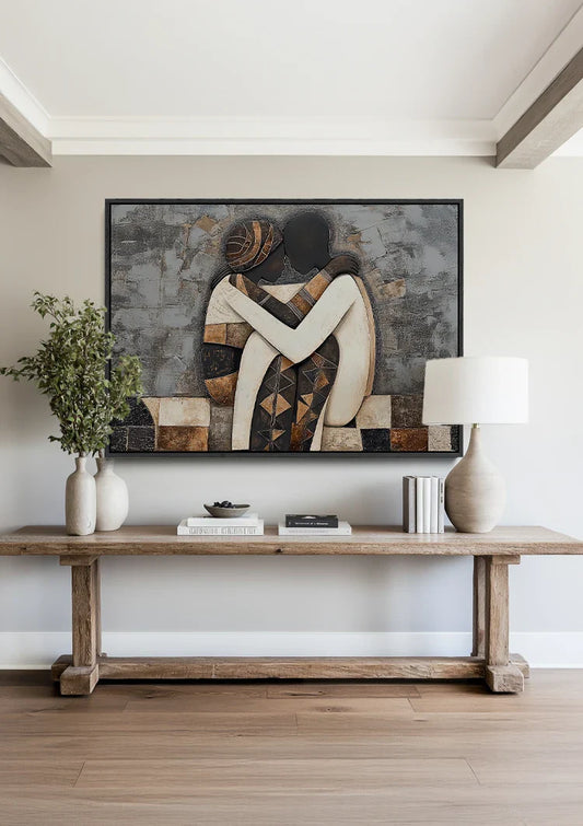 Twee figuren canvas schilderij hangt aan de muur in de hal