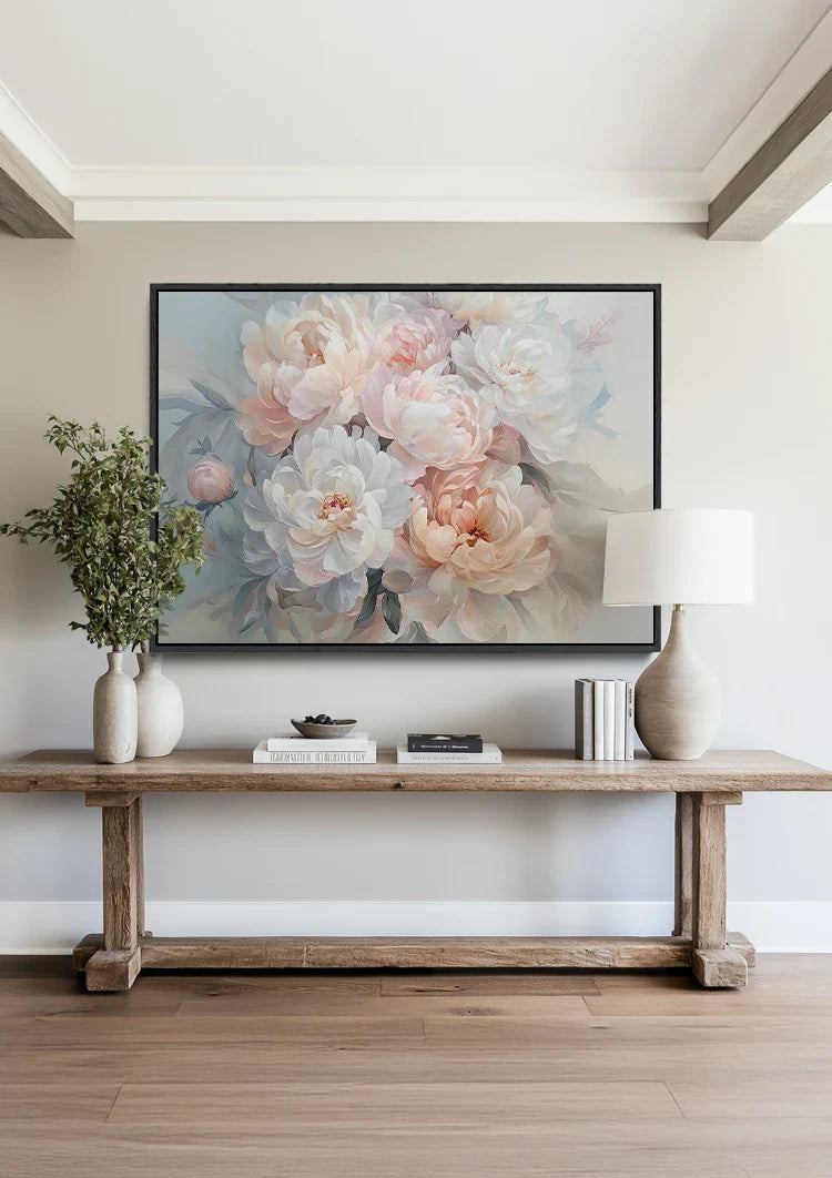 Soft White Peach Peonies Dreamy Floral Elegant Painting
