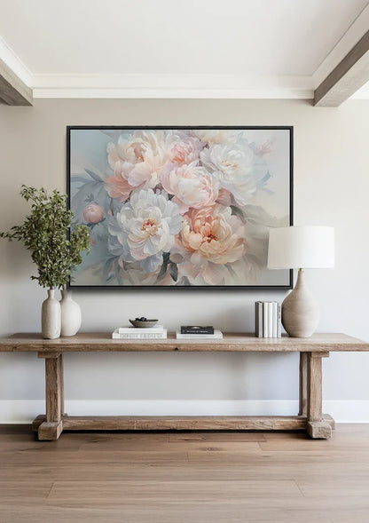 Soft White Peach Peonies Dreamy Floral Elegant Painting