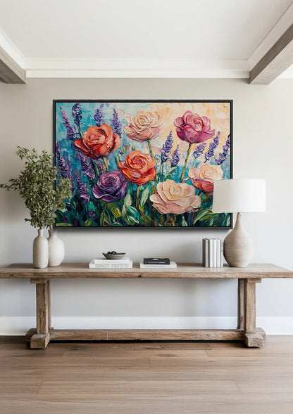 Kleurrijke Rozen en Lavendel Impressionistisch Bloementuin Schilderij