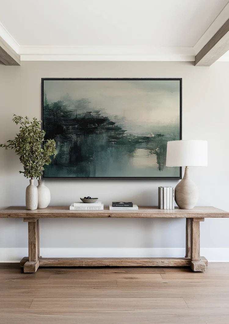 Mistig Stadslandschap Donkere Tinten Abstract Atmosferisch Schilderij