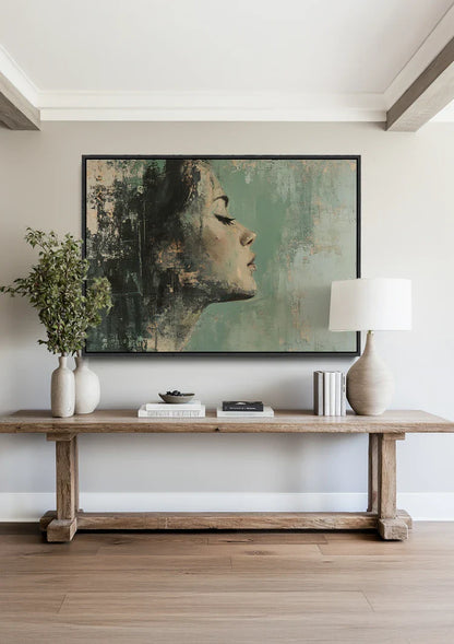 Female Profile Green Hues Abstract Dreamy Portrait Painting