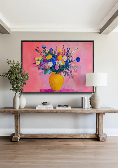 Bunter Blumenstrauß in Vase Rosa Hintergrund Fröhliches Gemälde
