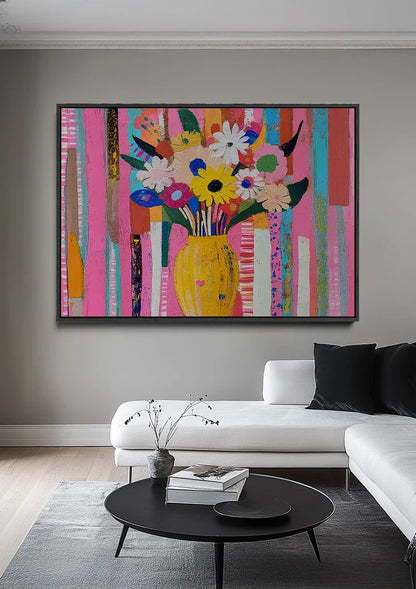 Bunte Blumen Gelbe Vase Gestreifter Hintergrund Volkskunst Gemälde