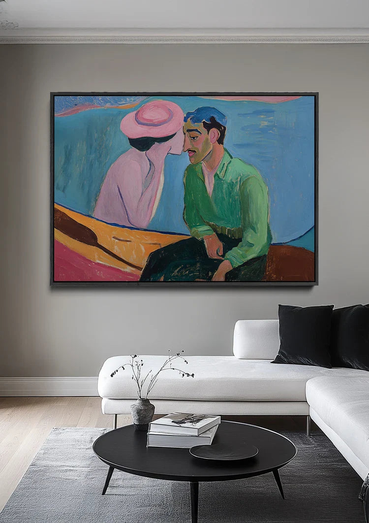 Woman Pink Hat Man Green Expressive Figurative Painting