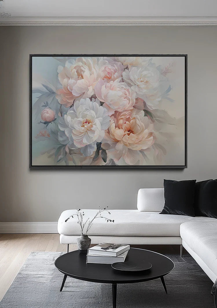 Soft White Peach Peonies Dreamy Floral Elegant Painting