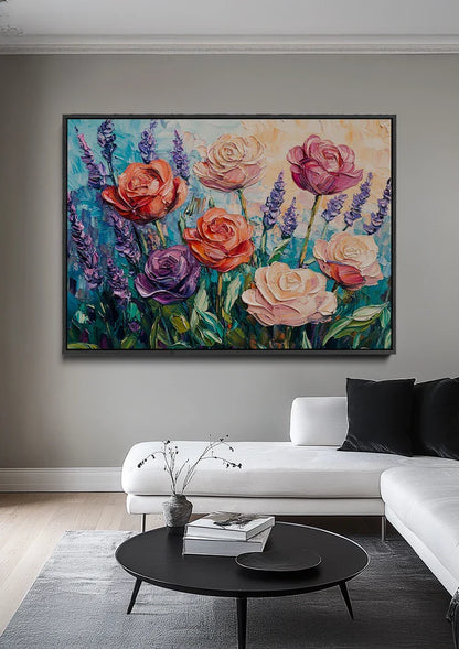 Kleurrijke Rozen en Lavendel Impressionistisch Bloementuin Schilderij