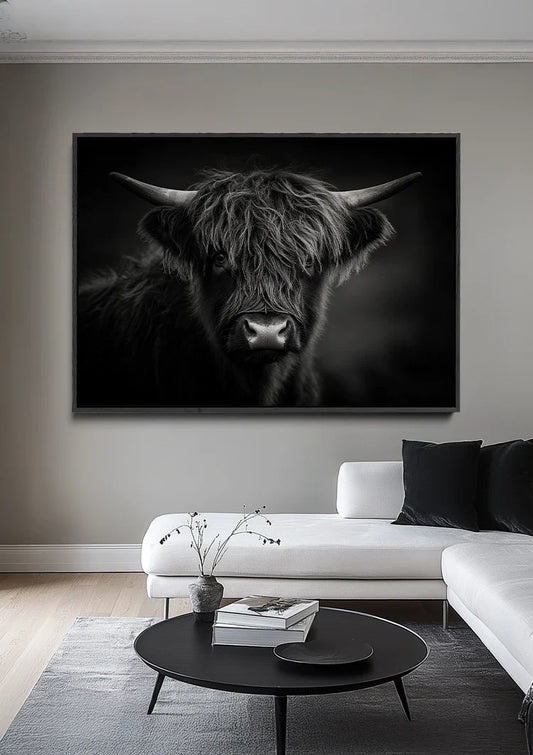 Schotse hooglander canvas schilderij aan de muur boven het bed in de slaapkamer