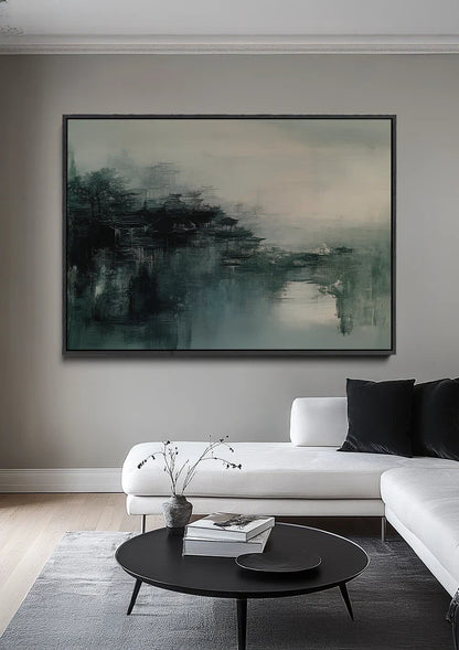 Mistig Stadslandschap Donkere Tinten Abstract Atmosferisch Schilderij