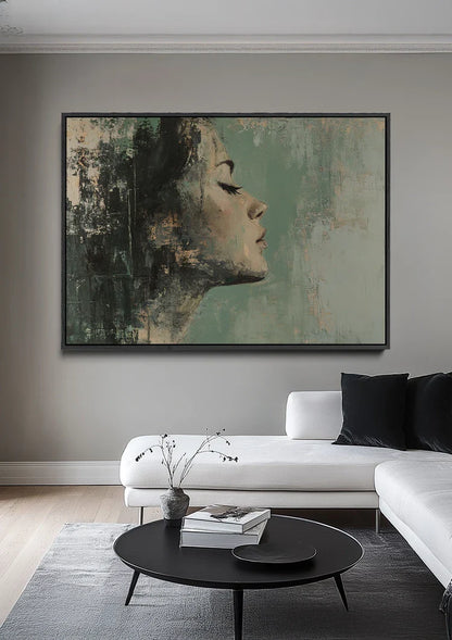 Female Profile Green Hues Abstract Dreamy Portrait Painting