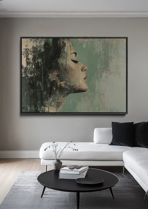 Female Profile Green Hues Abstract Dreamy Portrait Painting