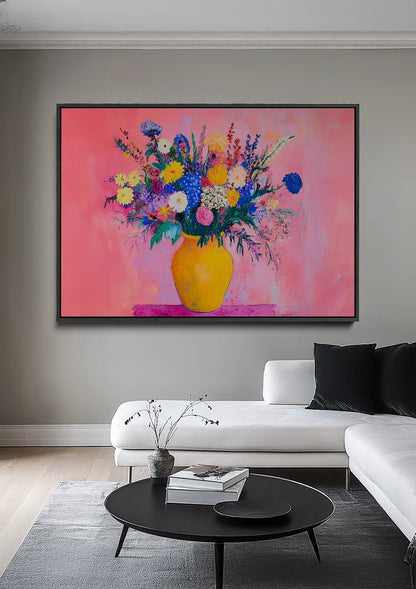 Bunter Blumenstrauß in Vase Rosa Hintergrund Fröhliches Gemälde