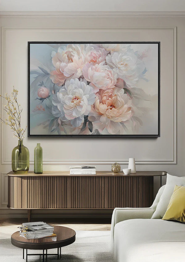 Soft White Peach Peonies Dreamy Floral Elegant Painting