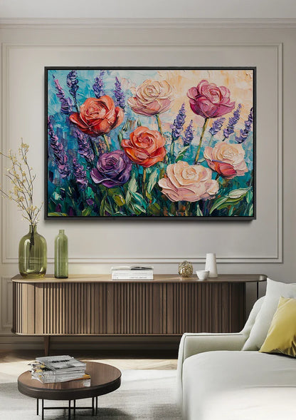 Kleurrijke Rozen en Lavendel Impressionistisch Bloementuin Schilderij