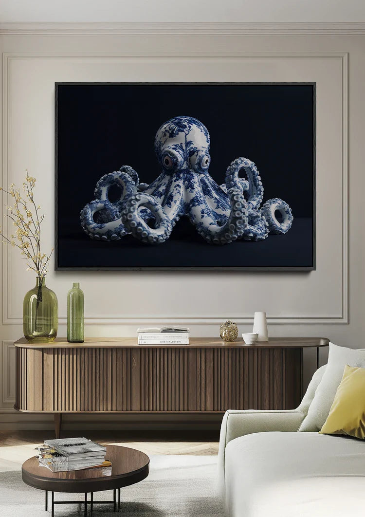 Delft-Blauer Oktopus auf schwarzem Hintergrund Gemälde