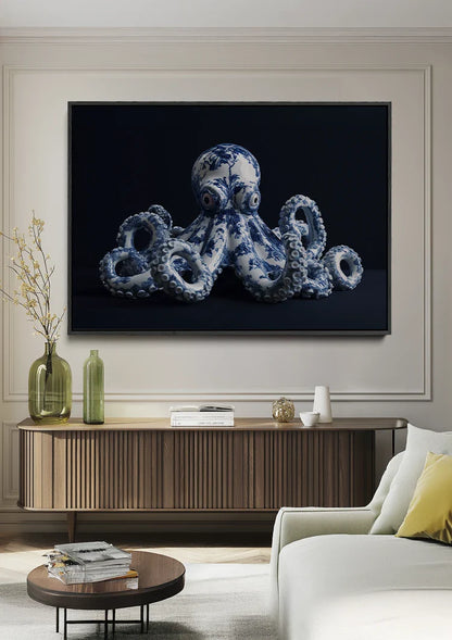 Delft-Blauer Oktopus auf schwarzem Hintergrund Gemälde