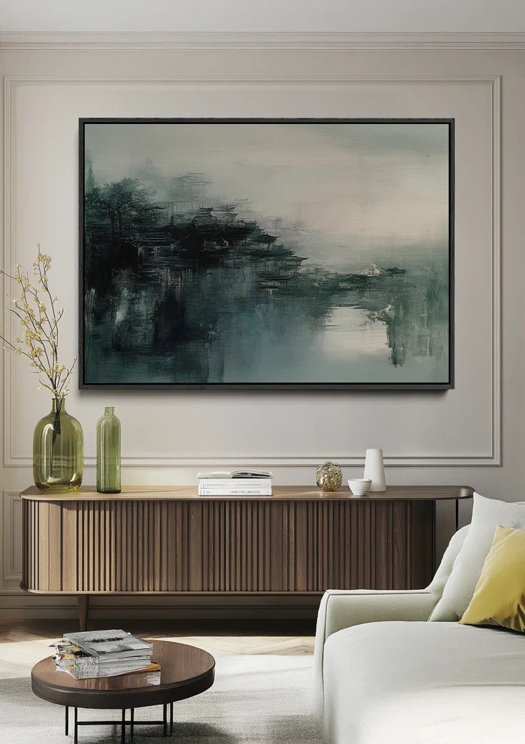 Mistig Stadslandschap Donkere Tinten Abstract Atmosferisch Schilderij