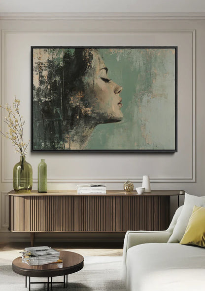 Female Profile Green Hues Abstract Dreamy Portrait Painting