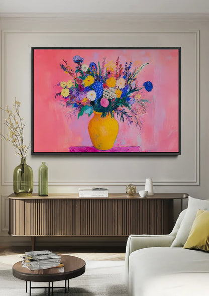 Bunter Blumenstrauß in Vase Rosa Hintergrund Fröhliches Gemälde