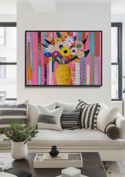 Bunte Blumen Gelbe Vase Gestreifter Hintergrund Volkskunst Gemälde