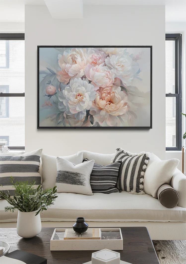 Soft White Peach Peonies Dreamy Floral Elegant Painting