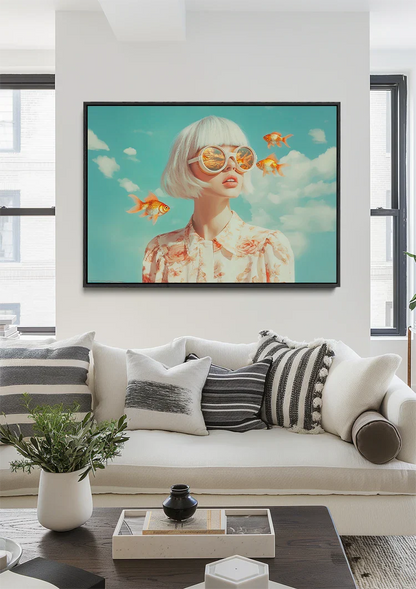 Woman with Sunglasses and Goldfish Surreal Dreamy Portrait Painting