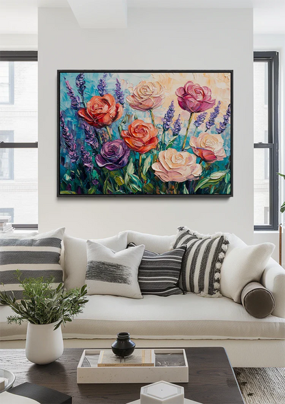 Kleurrijke Rozen en Lavendel Impressionistisch Bloementuin Schilderij