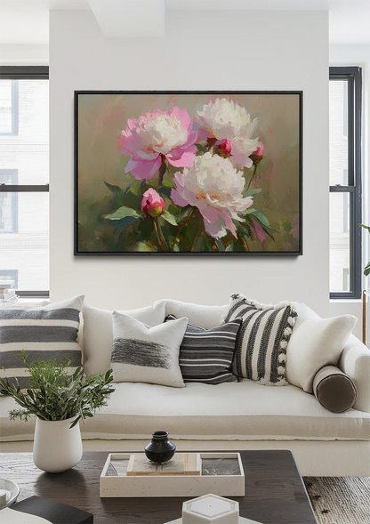 Lush Pink White Peonies Flowers Still Life Painting