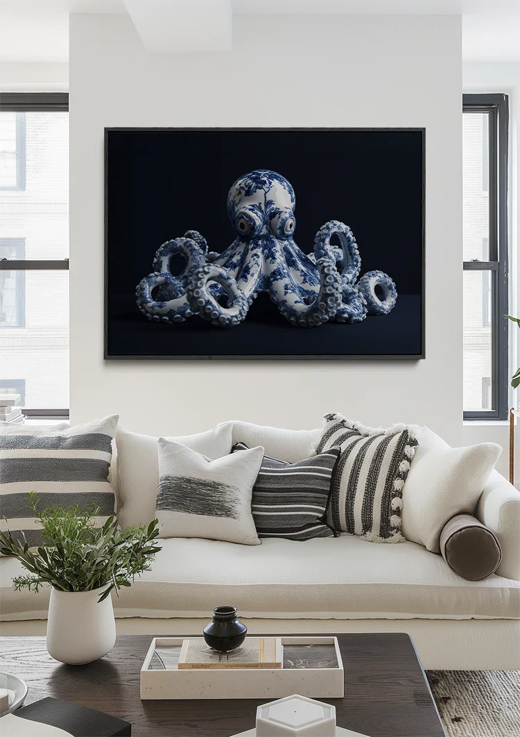 Delft-Blauer Oktopus auf schwarzem Hintergrund Gemälde