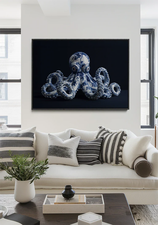 Delfts blauwe octopus canvas schilderij aan de muur boven het bed in de slaapkamer