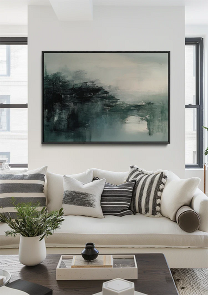 Mistig Stadslandschap Donkere Tinten Abstract Atmosferisch Schilderij