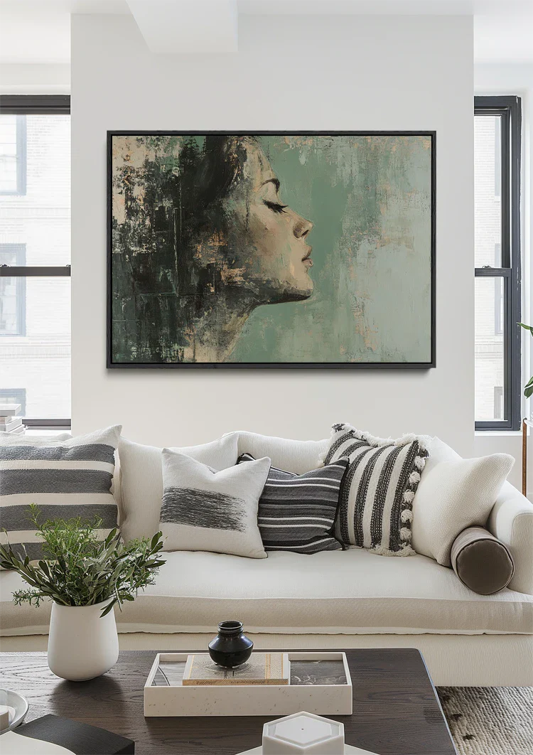Female Profile Green Hues Abstract Dreamy Portrait Painting