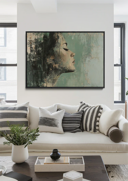 Female Profile Green Hues Abstract Dreamy Portrait Painting