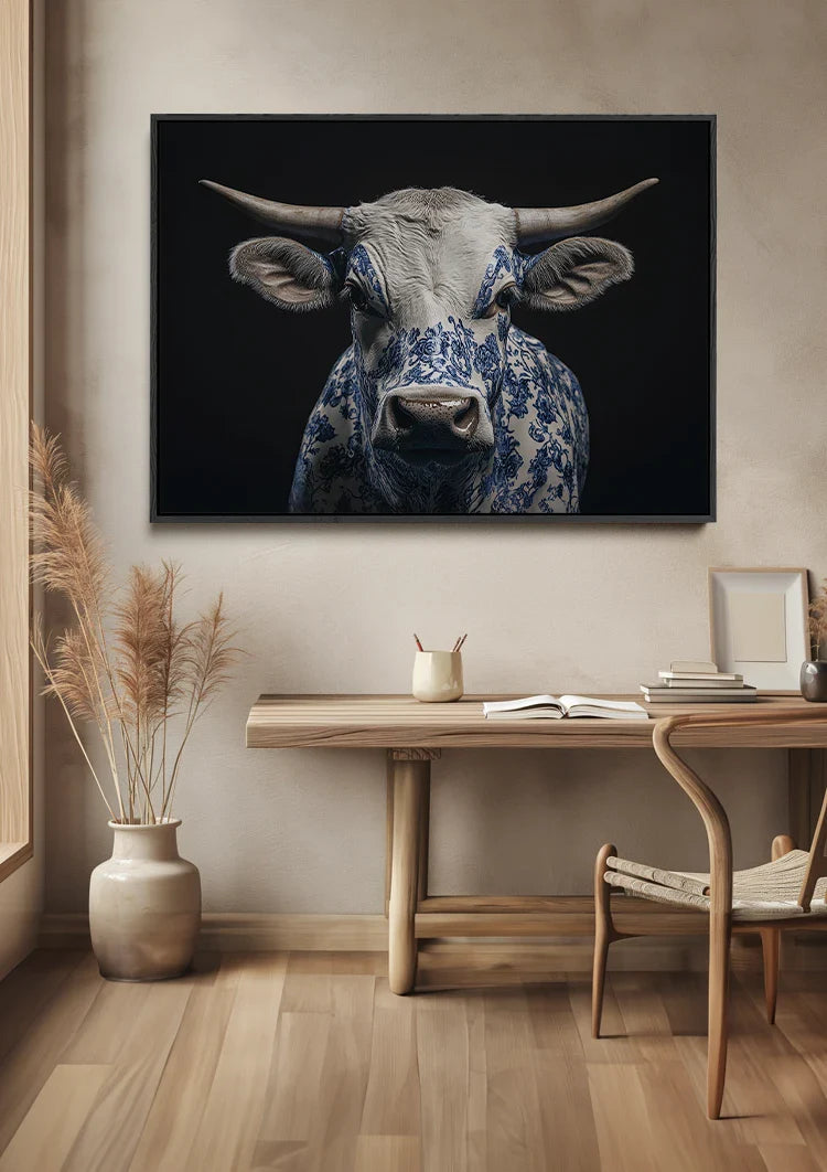 Delfts Blauwe Stier Portret Porseleinen Patroon Zwart Wit Schilderij