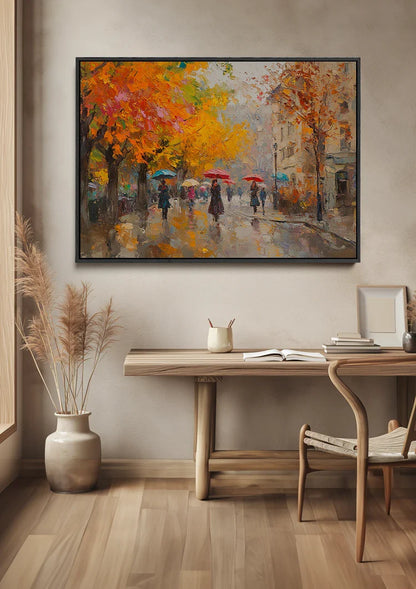 Herbst Stadtstraße Menschen Regenschirm Orange Bäume Impressionistisches Gemälde