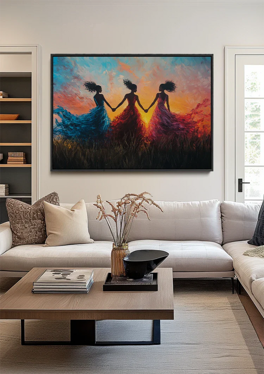 Drie vrouwen bij zonsondergang canvas schilderij boven het bed in de slaapkamer